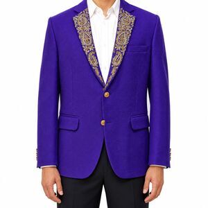 Mens 42R Purple Wool Blazer Hand Embroidered Gold Paisley Tuxedo Suit Jacket